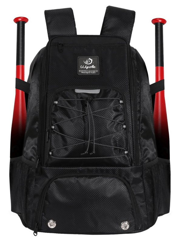 Stylish sports backpack with red bat sleeves and multiple pockets for training, model SF0921, unisex design, durable and spacious.